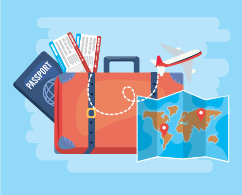 Graphic of a suitcase and map with other travel accessories and a plane in the background
