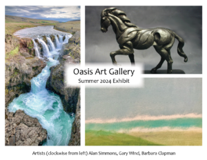 Images from Summer 2024 Oasis Art show including waterfall photo, sculpture of horse and seascape.