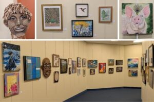 Photo of art show hanging on walls at Oasis