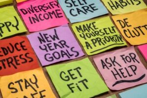 Colorful post-it notes with New Year goal messages