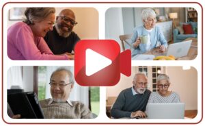 Images of people watching classes remotely with a red camera icon in the middle