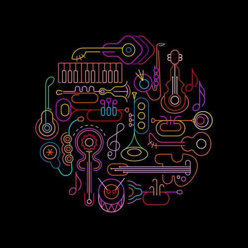 Neon Musical instruments on black background