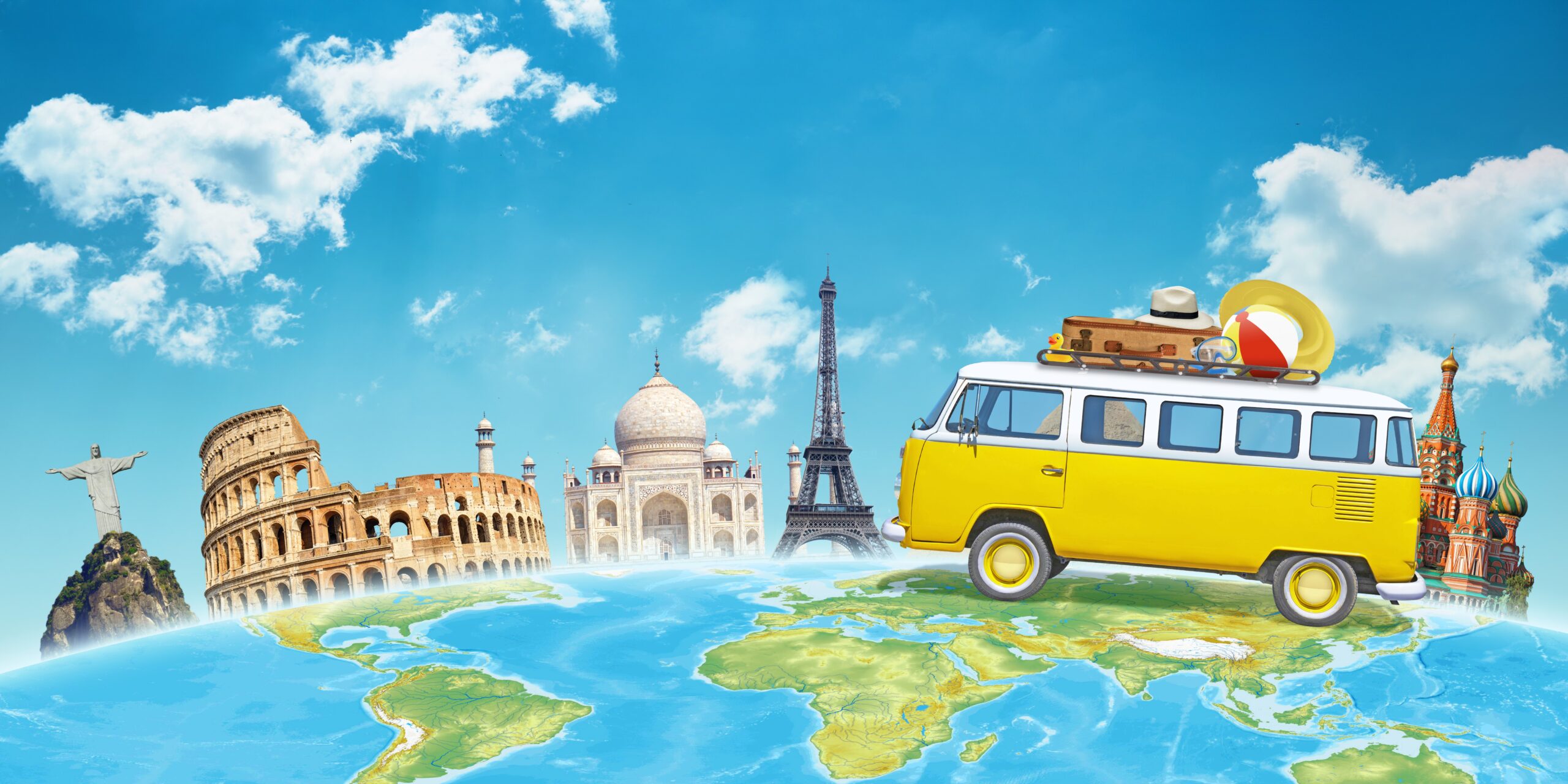 Image of yellow bus driving around the globe