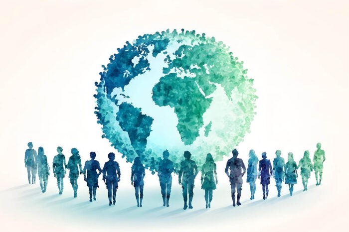 Drawing of diverse types of humans in front of a world globe
