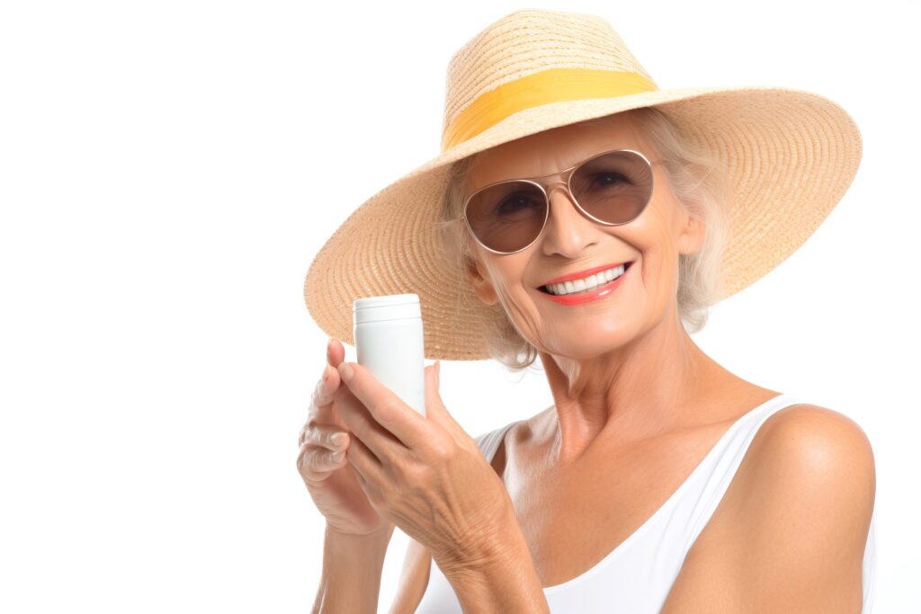 Woman wearing a sunhat and sunglasses holding up a bottle of sunscreen